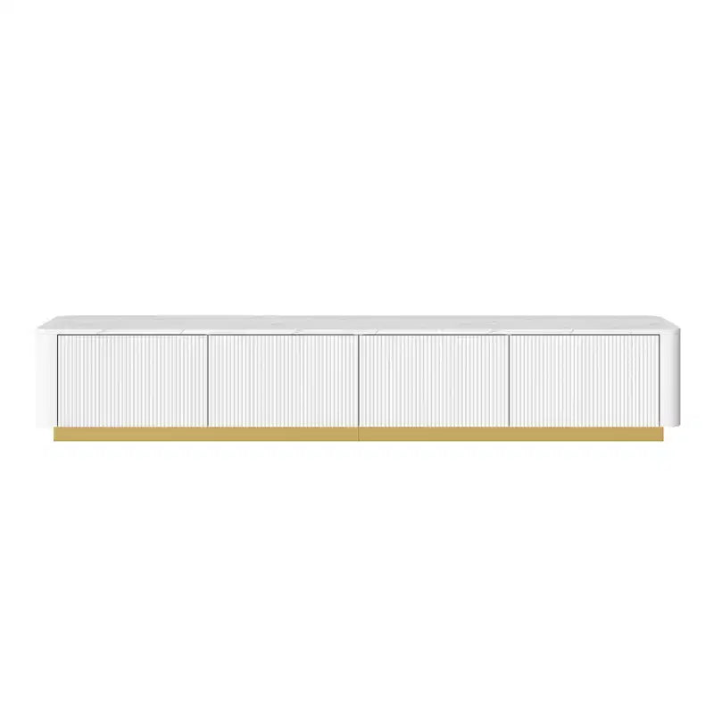 Meuble TV cannelé pour téléviseur de 85 pouces avec base dorée, meuble multimédia moderne avec 4 tiroirs, centre de divertissement avec profil incurvé