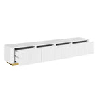 Meuble TV cannelé pour téléviseur de 85 pouces avec base dorée, meuble multimédia moderne avec 4 tiroirs, centre de divertissement avec profil incurvé