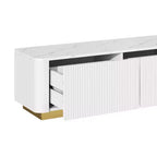 Meuble TV cannelé pour téléviseur de 85 pouces avec base dorée, meuble multimédia moderne avec 4 tiroirs, centre de divertissement avec profil incurvé