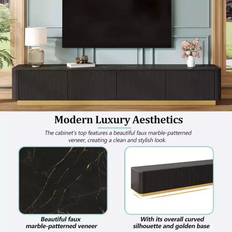 Meuble TV cannelé pour téléviseur de 85 pouces avec base dorée, meuble multimédia moderne avec 4 tiroirs, centre de divertissement avec profil incurvé