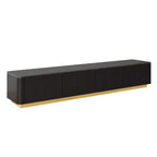 Meuble TV cannelé pour téléviseur de 85 pouces avec base dorée, meuble multimédia moderne avec 4 tiroirs, centre de divertissement avec profil incurvé