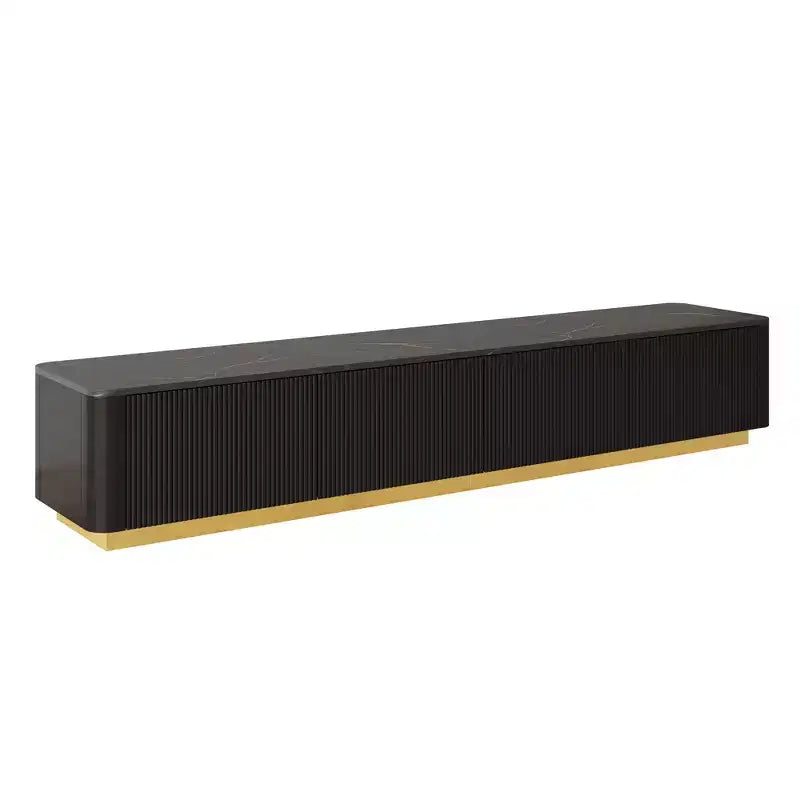 Meuble TV cannelé pour téléviseur de 85 pouces avec base dorée, meuble multimédia moderne avec 4 tiroirs, centre de divertissement avec profil incurvé