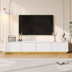 Meuble TV cannelé pour téléviseur de 85 pouces avec base dorée, meuble multimédia moderne avec 4 tiroirs, centre de divertissement avec profil incurvé