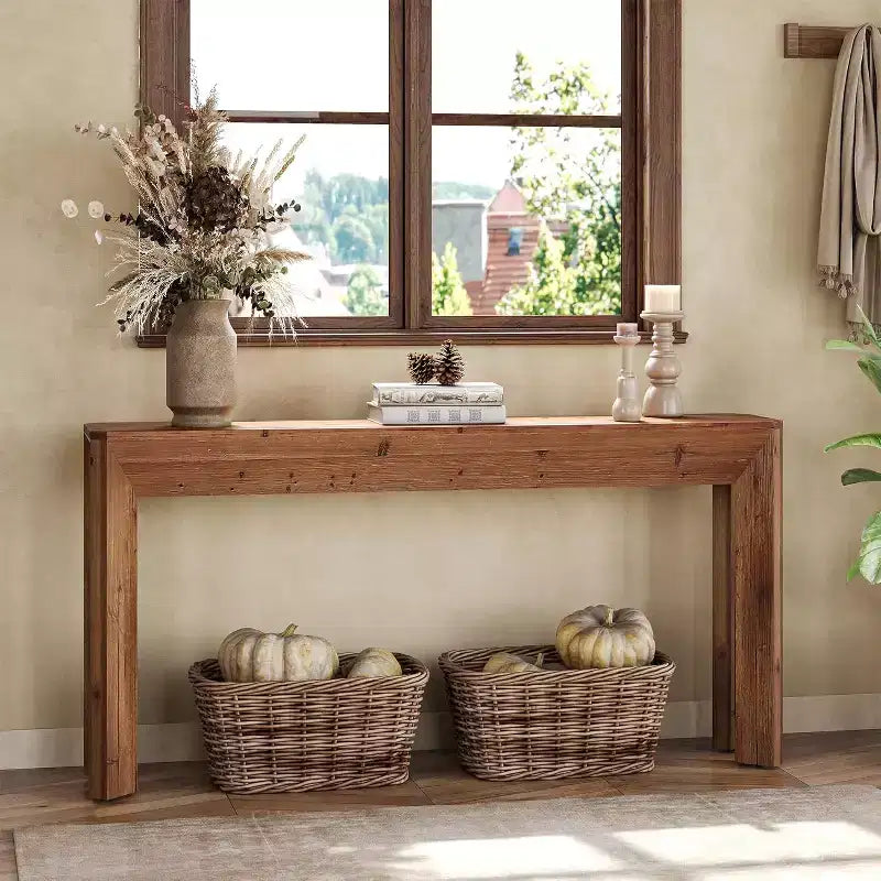 Console en bois massif Lantine 63 pour salon, table d'entrée de style rustique avec pieds évasés intégrés pour couloir