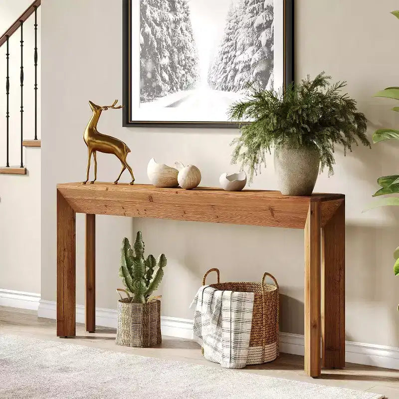 Console en bois massif Lantine 63 pour salon, table d'entrée de style rustique avec pieds évasés intégrés pour couloir