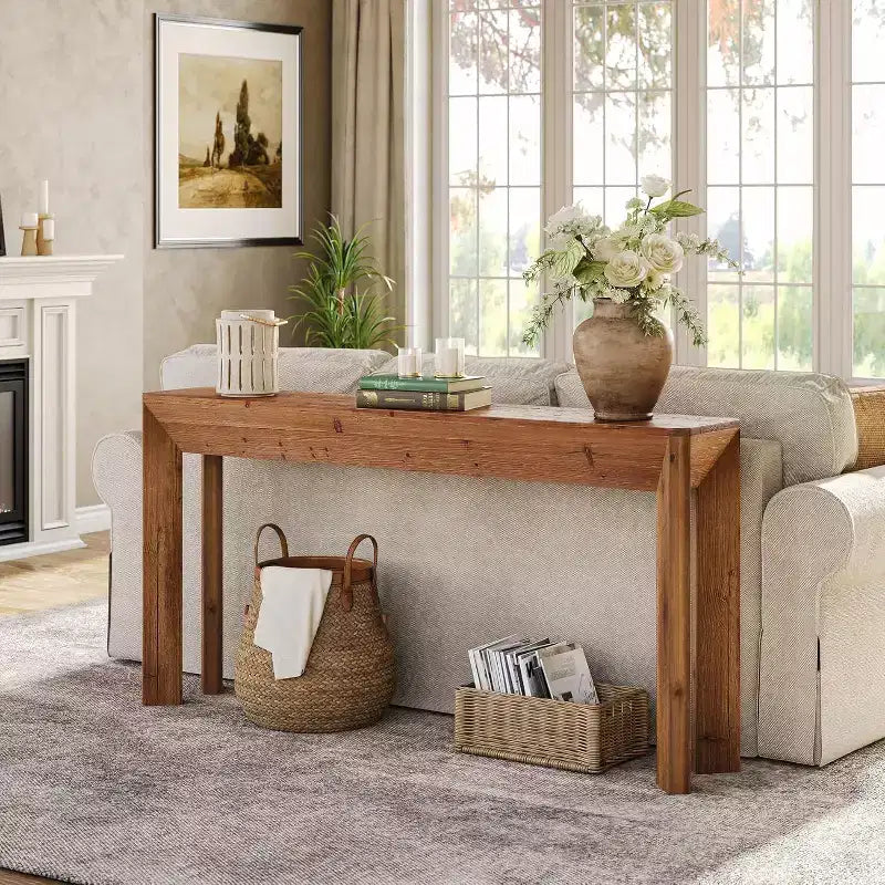 Console en bois massif Lantine 63 pour salon, table d'entrée de style rustique avec pieds évasés intégrés pour couloir