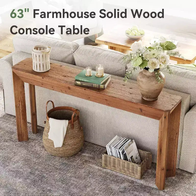 Console en bois massif Lantine 63 pour salon, table d'entrée de style rustique avec pieds évasés intégrés pour couloir