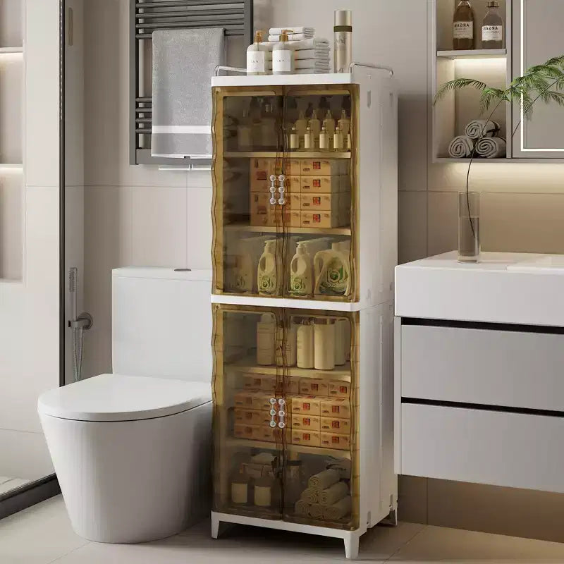 VECELO Meuble de rangement étroit et haut à 2/3 niveaux, organisateur de rangement fin pour salle de bain avec doubles portes transparentes pour petits espaces, marron thé