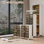 VECELO Meuble de rangement étroit et haut à 2/3 niveaux, organisateur de rangement fin pour salle de bain avec doubles portes transparentes pour petits espaces, marron thé