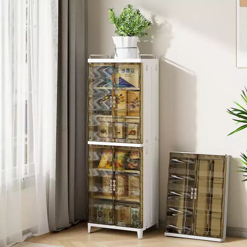VECELO Meuble de rangement étroit et haut à 2/3 niveaux, organisateur de rangement fin pour salle de bain avec doubles portes transparentes pour petits espaces, marron thé