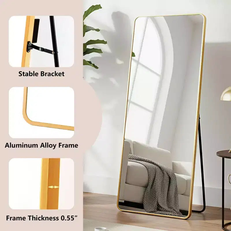 Miroir sur pied en aluminium MAYEERTY 64x21in, Doré, Coins arrondis, Verre trempé, Avec support