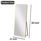 Miroir sur pied en aluminium MAYEERTY 64x21in, Doré, Coins arrondis, Verre trempé, Avec support