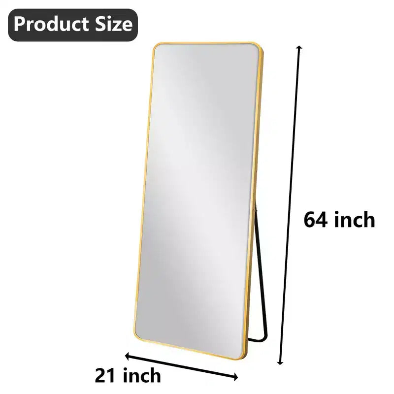 Miroir sur pied en aluminium MAYEERTY 64x21in, Doré, Coins arrondis, Verre trempé, Avec support