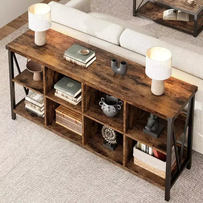 Étagère de rangement 8 cubes, bibliothèque horizontale à 3 niveaux, bibliothèque console de 157 cm, étagère de rangement industrielle pour entrée, pour salon