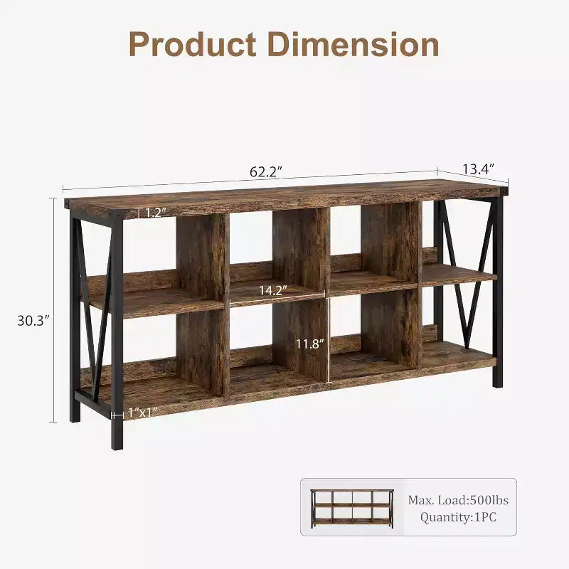 Étagère de rangement 8 cubes, bibliothèque horizontale à 3 niveaux, bibliothèque console de 157 cm, étagère de rangement industrielle pour entrée, pour salon