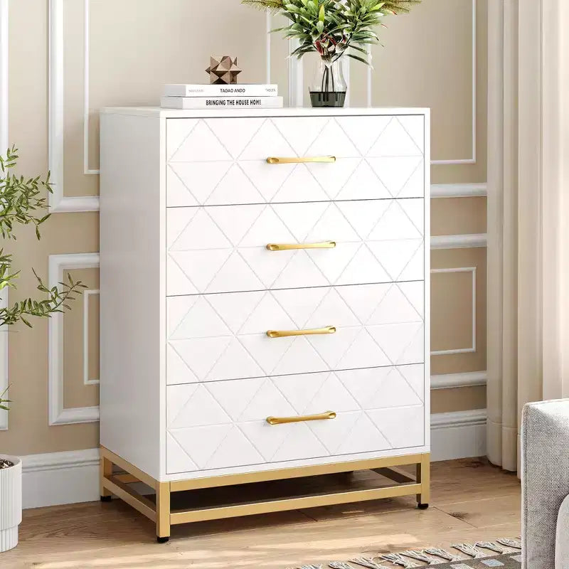 Commode moderne à 4 tiroirs en bois pour chambre à coucher - Grande commode de rangement avec poignées métalliques élégantes, meuble de chambre élégant