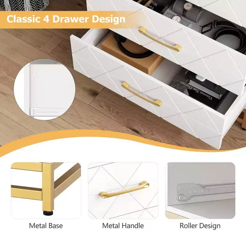 Commode moderne à 4 tiroirs en bois pour chambre à coucher - Grande commode de rangement avec poignées métalliques élégantes, meuble de chambre élégant