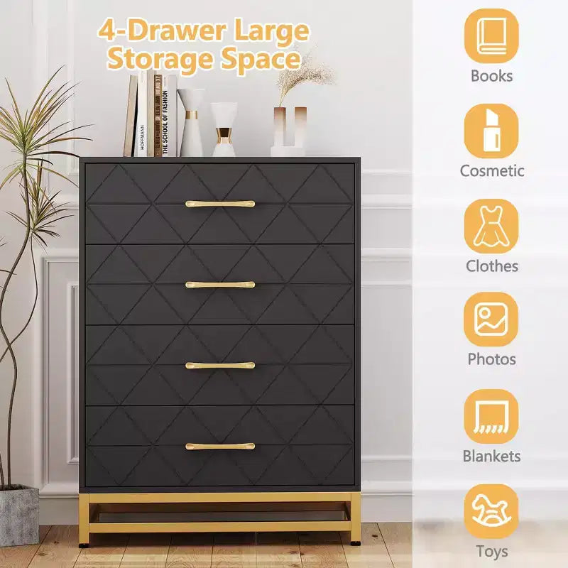 Commode moderne à 4 tiroirs en bois pour chambre à coucher - Grande commode de rangement avec poignées métalliques élégantes, meuble de chambre élégant