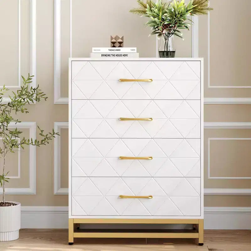 Commode moderne à 4 tiroirs en bois pour chambre à coucher - Grande commode de rangement avec poignées métalliques élégantes, meuble de chambre élégant