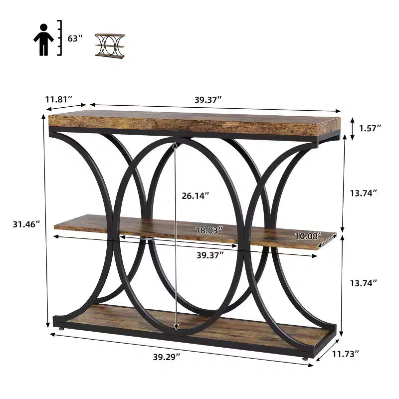 Table d'entrée industrielle 39", table de canapé étroite et longue à 3 niveaux, console derrière le canapé avec cadre en métal pour salon, couloir, hall d'entrée