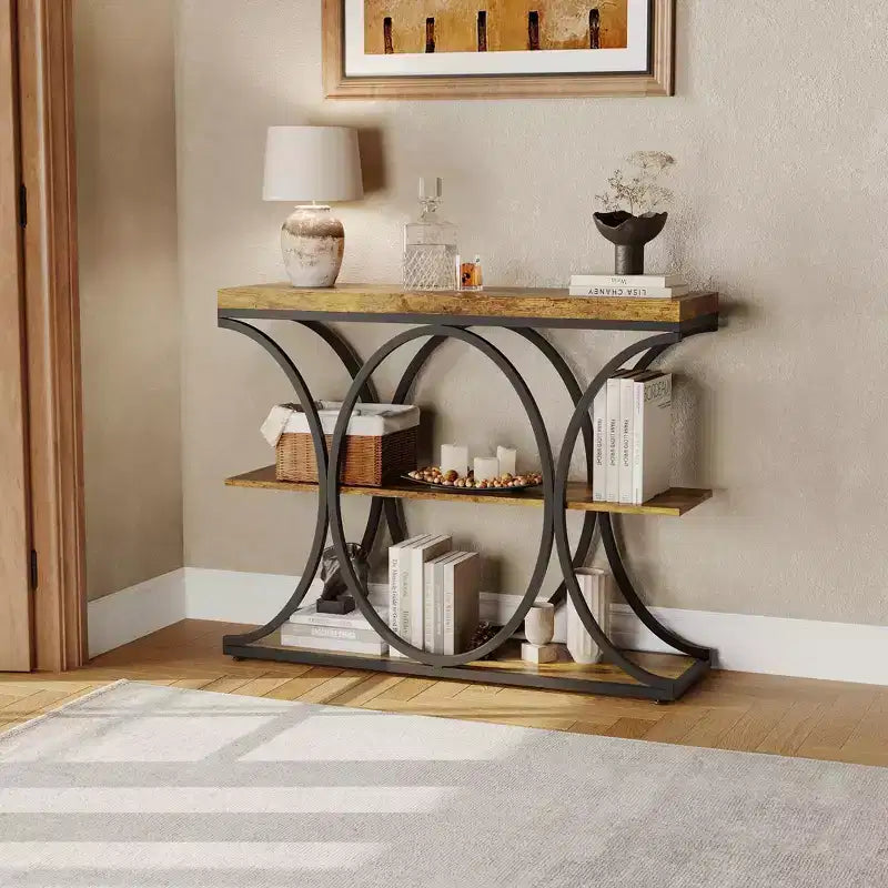 Table d'entrée industrielle 39", table de canapé étroite et longue à 3 niveaux, console derrière le canapé avec cadre en métal pour salon, couloir, hall d'entrée