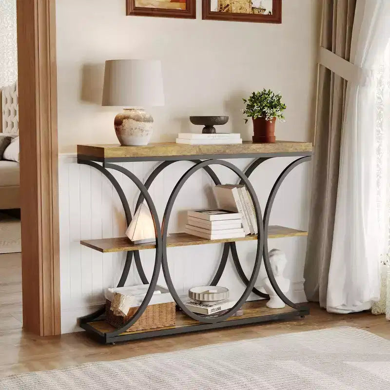 Table d'entrée industrielle 39", table de canapé étroite et longue à 3 niveaux, console derrière le canapé avec cadre en métal pour salon, couloir, hall d'entrée
