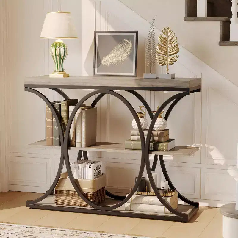 Table d'entrée industrielle 39", table de canapé étroite et longue à 3 niveaux, console derrière le canapé avec cadre en métal pour salon, couloir, hall d'entrée