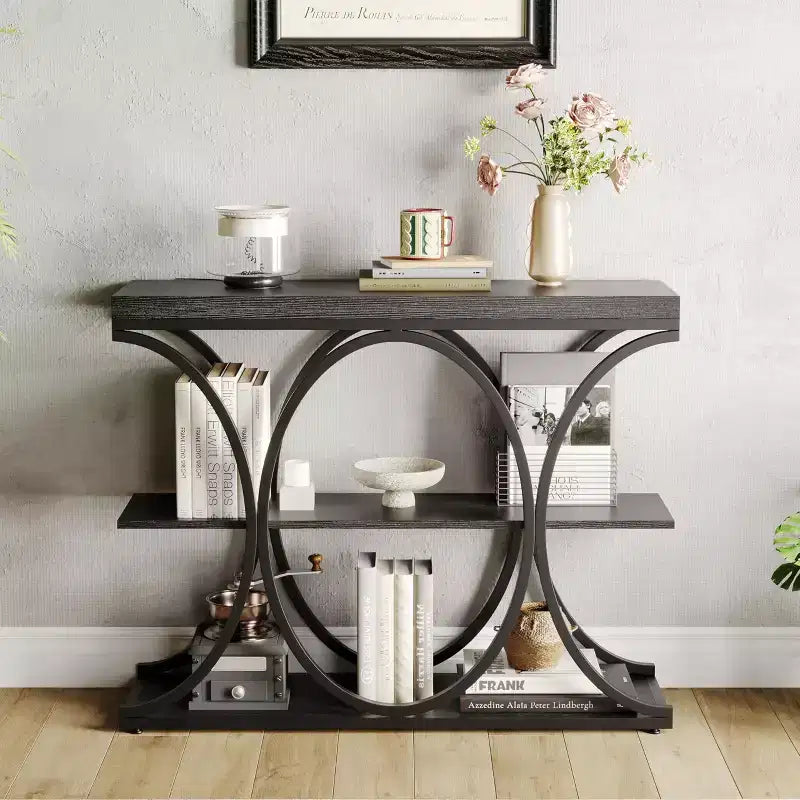 Table d'entrée industrielle 39", table de canapé étroite et longue à 3 niveaux, console derrière le canapé avec cadre en métal pour salon, couloir, hall d'entrée