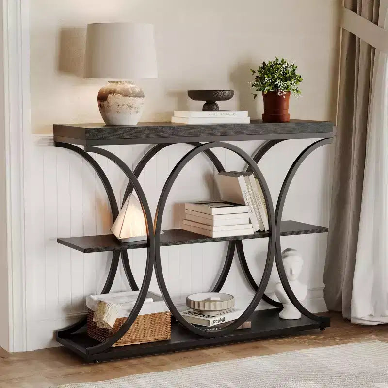 Table d'entrée industrielle 39", table de canapé étroite et longue à 3 niveaux, console derrière le canapé avec cadre en métal pour salon, couloir, hall d'entrée