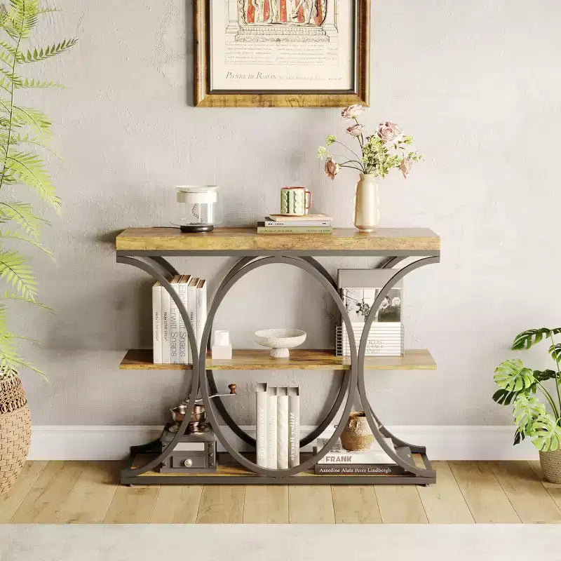 Table d'entrée industrielle 39", table de canapé étroite et longue à 3 niveaux, console derrière le canapé avec cadre en métal pour salon, couloir, hall d'entrée