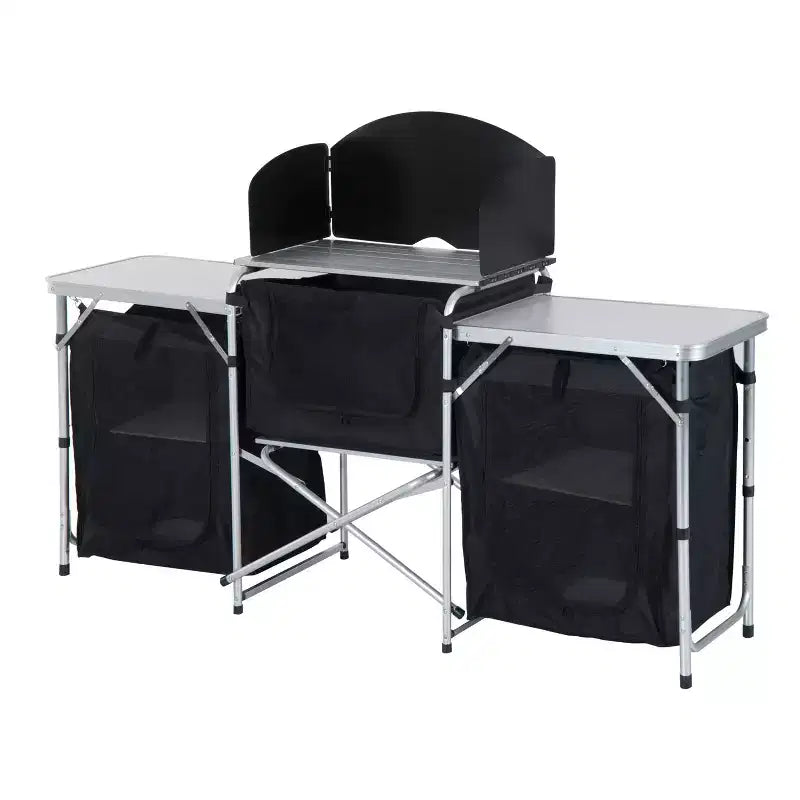 Camping Kitchen Table, Aluminum Portable Outdoor Cooking Table, Fold-Up Cook Station with Windscreen and 3 Enclosed Cupboards for BBQ, Party, Picnics