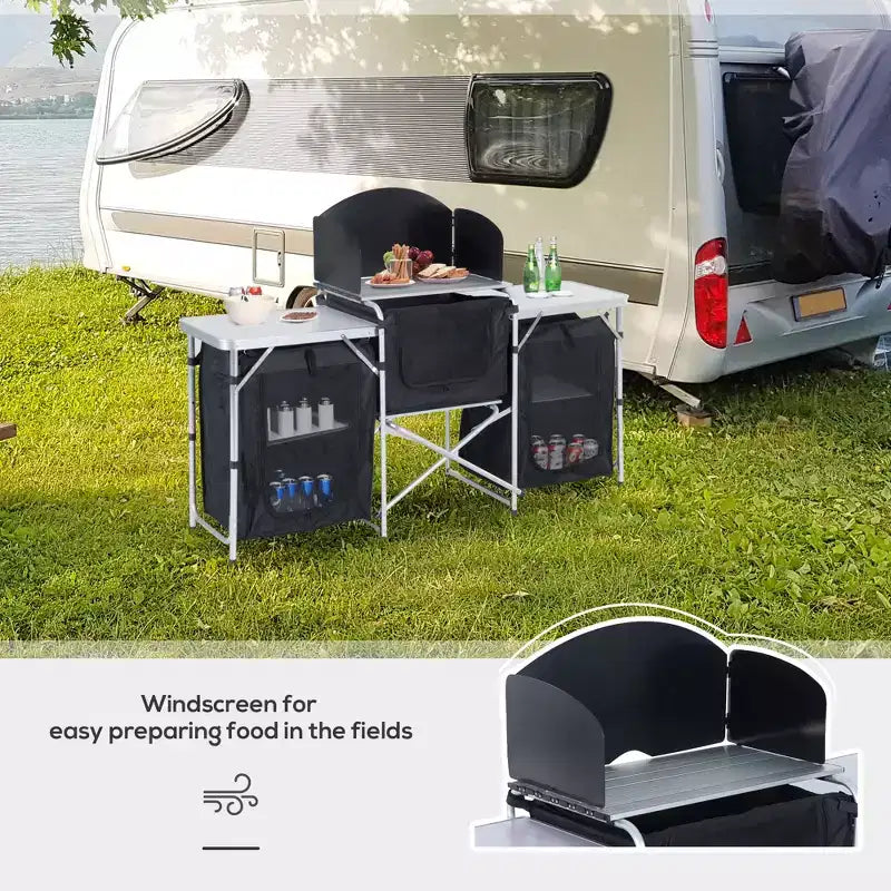 Table de cuisine de camping, table de cuisson extérieure portable en aluminium, station de cuisson pliable avec pare-vent et 3 placards fermés pour barbecue, fête, pique-niques
