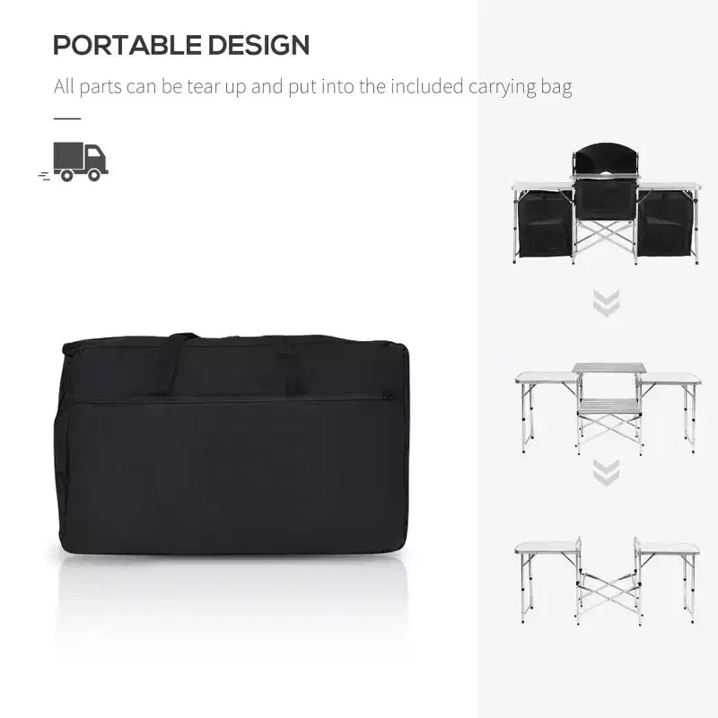 Table de cuisine de camping, table de cuisson extérieure portable en aluminium, station de cuisson pliable avec pare-vent et 3 placards fermés pour barbecue, fête, pique-niques