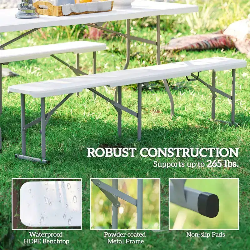 Lot de 2 bancs pliants portables de 1,8 m, bancs pliants en plastique avec poignée de transport pour le camping