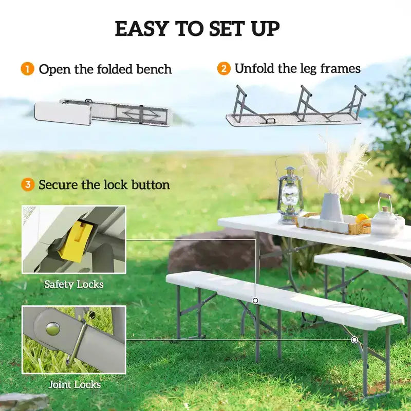Lot de 2 bancs pliants portables de 1,8 m, bancs pliants en plastique avec poignée de transport pour le camping