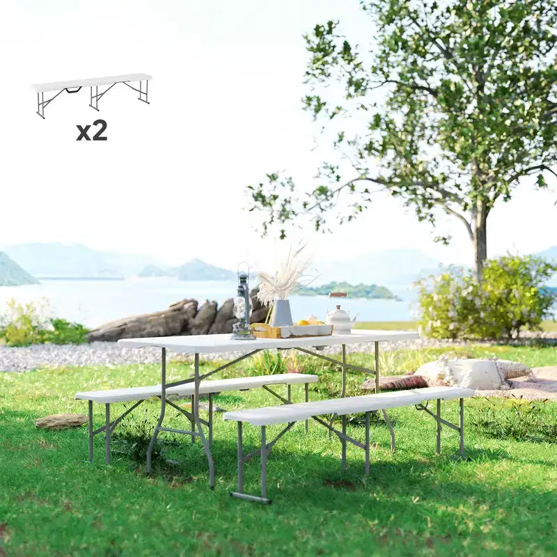 Lot de 2 bancs pliants portables de 1,8 m, bancs pliants en plastique avec poignée de transport pour le camping