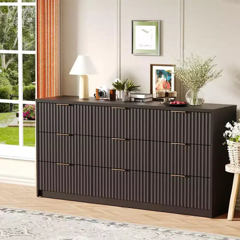 Fluted Dresser for Bedroom, 9 Drawer Dresser, Modern Chest of Drawers, Wooden Dressers Closet Storage Organizer for Living Room Entryway