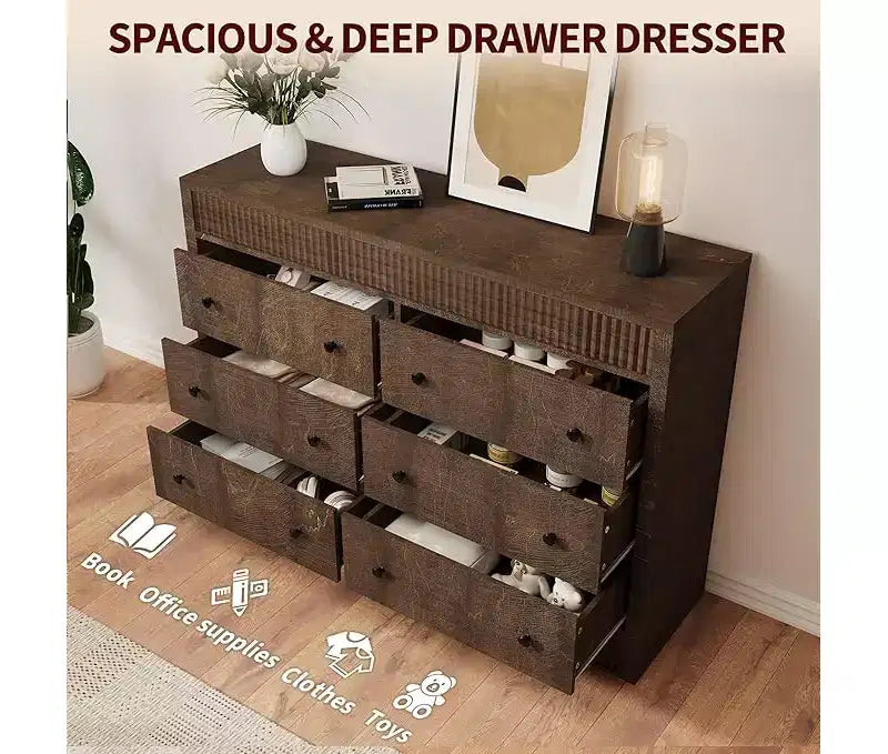 Commode à 6 tiroirs pour chambre à coucher, commode en bois de 120 cm de large, meuble de rangement cannelé pour salon, couloir, entrée