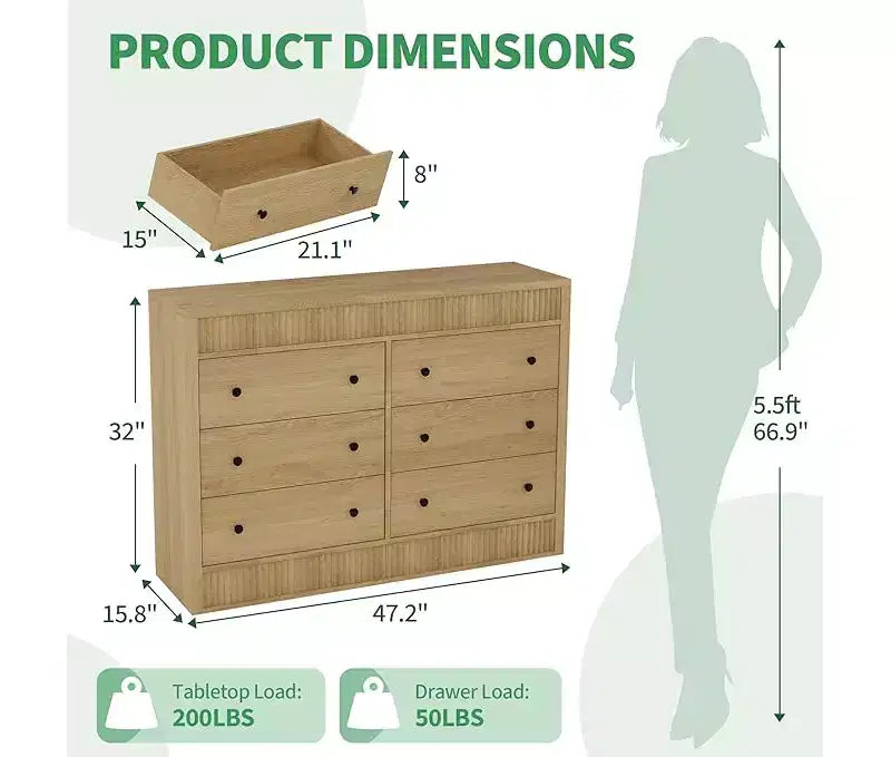 Commode à 6 tiroirs pour chambre à coucher, commode en bois de 120 cm de large, meuble de rangement cannelé pour salon, couloir, entrée