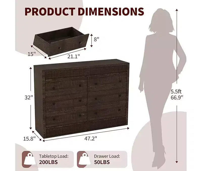 Commode à 6 tiroirs pour chambre à coucher, commode en bois de 120 cm de large, meuble de rangement cannelé pour salon, couloir, entrée