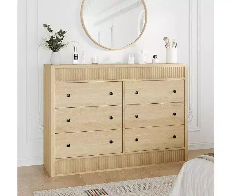 6 Drawer Dresser for Bedroom, 47 Wide Wooden Chest of Drawers, Fluted Storage Organizer for Living Room, Hallway, Entryway