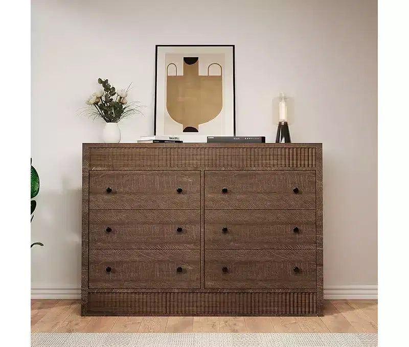 Commode à 6 tiroirs pour chambre à coucher, commode en bois de 120 cm de large, meuble de rangement cannelé pour salon, couloir, entrée