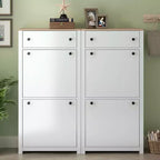 MAYEERTY Slim Tipping Bucket Shoe Cabinet Set, 4 Flip Drawers Wood Grain Top Adjustable Panel, White
