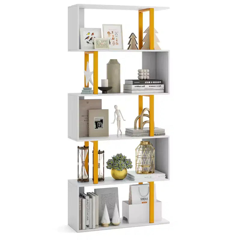 Costway 5-Tier Geometric Bookcase 62-Inch S-Shaped Bookshelf w/ Metal Frame Gold