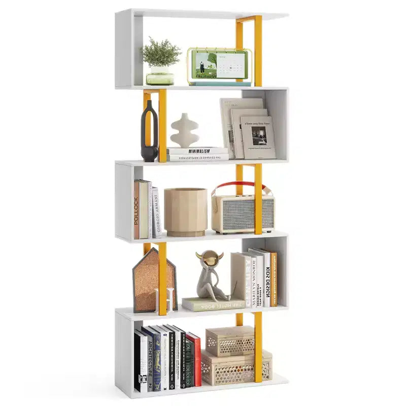 Bibliothèque géométrique à 5 niveaux Costway, étagère en forme de S de 157 cm avec cadre en métal, dorée