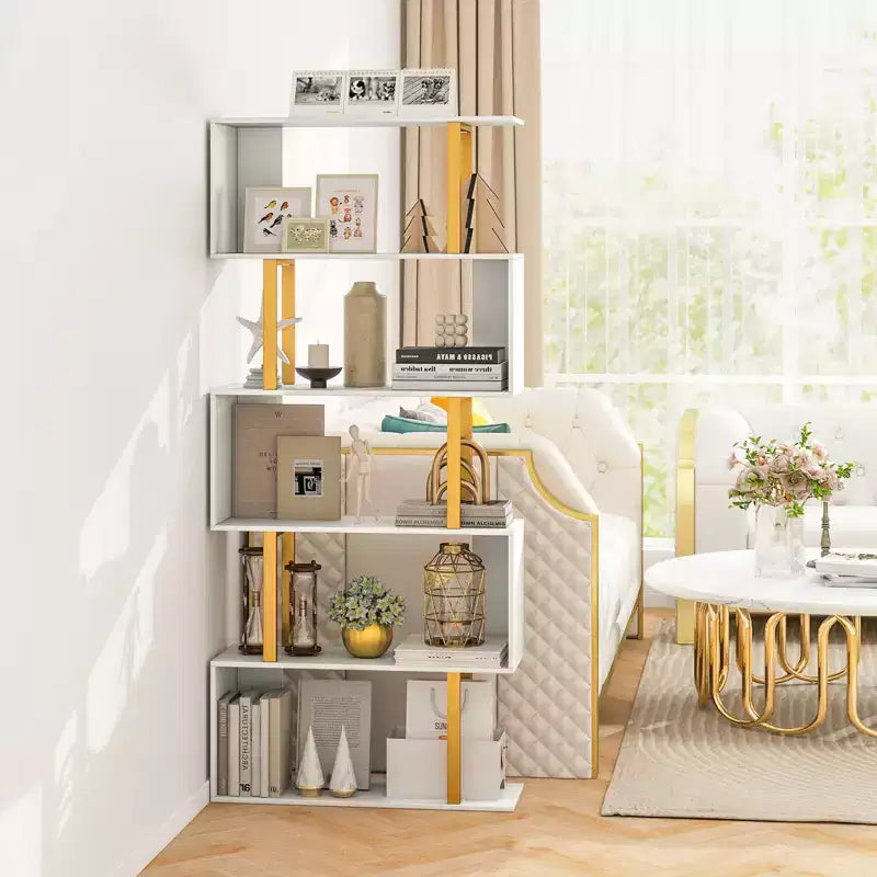 Bibliothèque géométrique à 5 niveaux Costway, étagère en forme de S de 157 cm avec cadre en métal, dorée