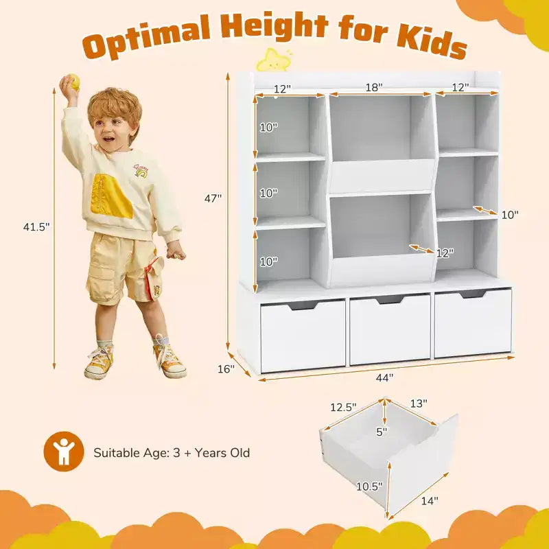 Costway 47 Bibliothèque Enfant Meuble de Rangement Jouets avec 3 Tiroirs Amovibles et 8 Casiers