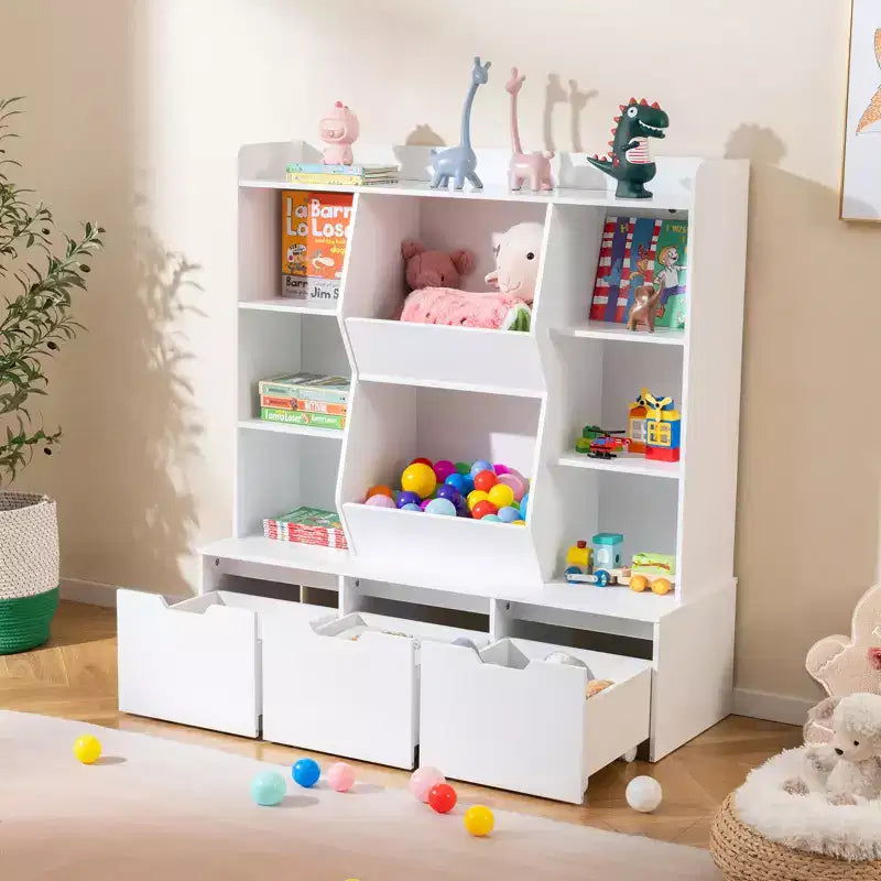 Costway 47 Bibliothèque Enfant Meuble de Rangement Jouets avec 3 Tiroirs Amovibles et 8 Casiers