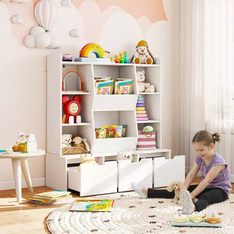 Costway 47 Bibliothèque Enfant Meuble de Rangement Jouets avec 3 Tiroirs Amovibles et 8 Casiers
