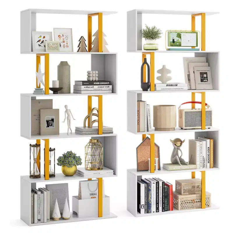 Costway 2 PCS 5-Tier Geometric Bookcase 62-Inch S-Shaped Bookshelf w/ Metal Frame Gold
